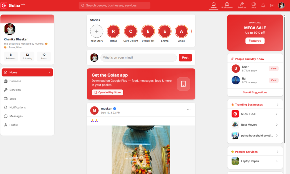 Golax startup blog cover image showing Bharat’s first local super app concept with jobs, services, business and community ecosystem